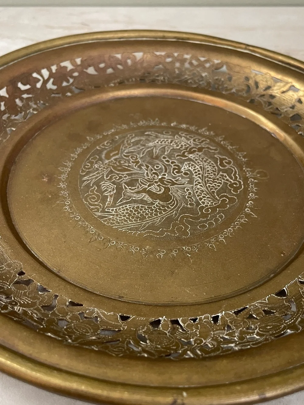 Vintage Solid Brass Dragon Decorative Plate | Engraved Pierced Openwork Rim